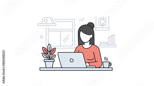 Young woman working remotely from home using laptop computer, flat vector illustration.