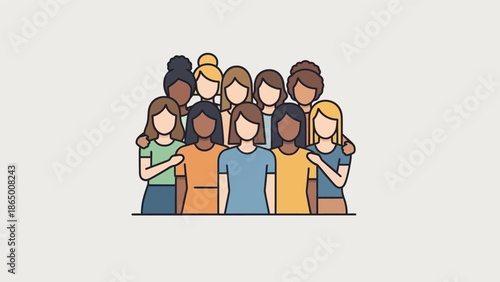 Diverse group of women standing together, representing unity, friendship, and empowerment.