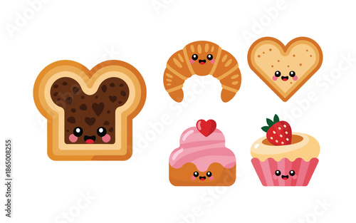 Kawaii bakery breakfast icons, toast bear slice, croissant rolls, heart cookies, strawberry cupcakes, sweet brunch party celebration vector, set