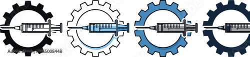 Manufacturing process and injection system concept vector illustration featuring connected gears and syringe mechanism for industrial automation, production workflow, and mechanical engineering design