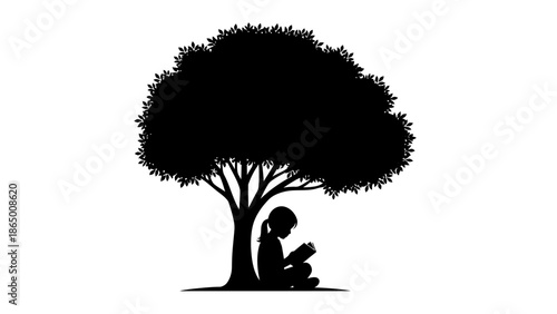 Silhouette of a young girl reading a book under a large, leafy tree, symbolizing knowledge and nature.
