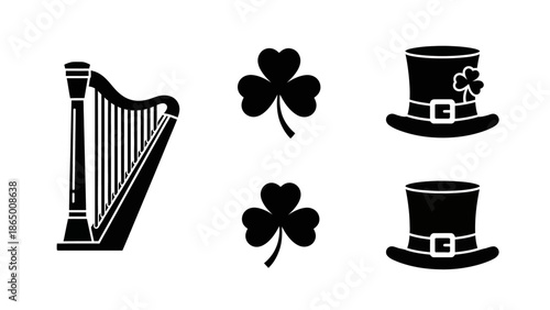 Set of black and white icons for St. Patrick's Day celebration, including a harp, shamrocks, and top hats.