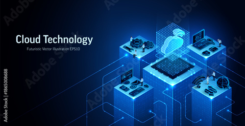 Cloud technology data network 3D vector illustration. Isometric server platform, secure storage digital concept. Cyber database abstract blue background. Computing, software, business analytics banner