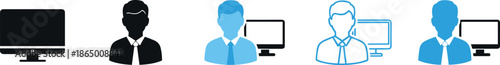 User profile and computer workstation icon set vector illustration showing people avatars with desktop screens for IT support, office work, user account, and system access design