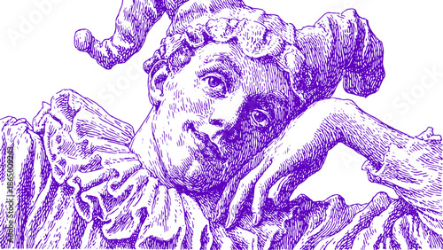 Clown character illustration in vintage purple style. Unique vector artwork with expressive details and whimsical outfit in a seated pose.