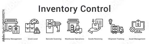 Inventory control banner web icon manages stock levels through barcode scanning in warehouse operations efficiently.