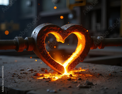 Forged metal heart intensely glowing with molten sparks