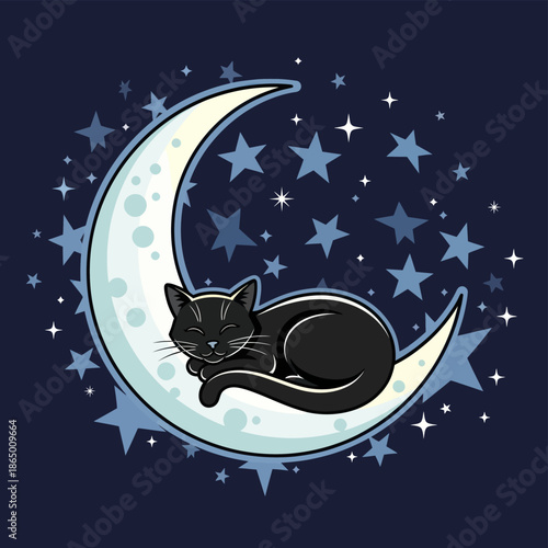 Black Cat Nap on Crescent Moon in Starry Night Illustration.