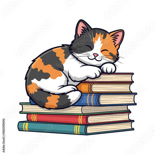 Calico Cat Napping Peacefully on a Stack of Colorful Books.
