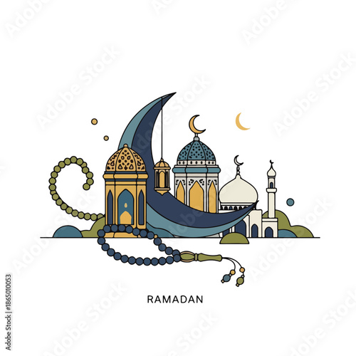 Elegant illustration symbolizing the holy month of Ramadan with a crescent moon, traditional mosque, lantern, and prayer beads, depicting cultural celebration and spiritual reflection