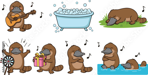 Cute Platypus Cartoon Character Set with Music Bathing Sleeping and Fun Activities Vector Illustration