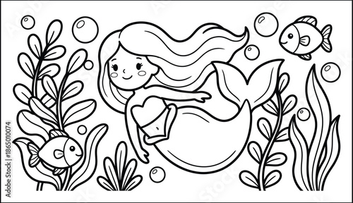 mermaid coloring page line art vector	