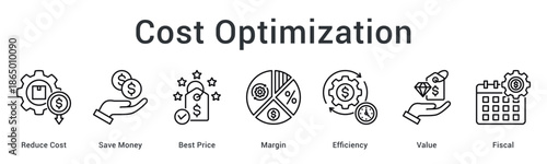 Cost optimization banner web icon featuring strategies for reducing expenses and maximizing profit margins efficiently.