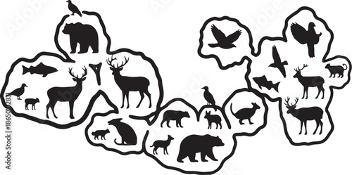 Black and white animal icons in cloud shapes