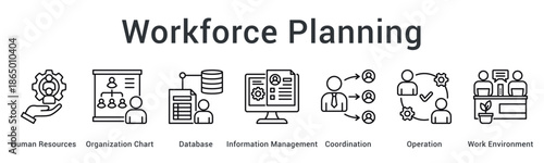 Workforce planning banner web icon organizing human resources structure with database management and operational coordination.