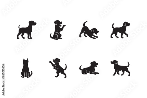 Cute puppy poses silhouette set. Adorable puppy silhouettes in playful poses. Perfect for stickers, kids’ products, socials, and pet branding.