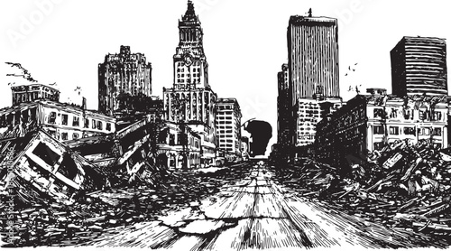 City destruction in black and white sketch style. Abandoned buildings and debris create an urban wasteland vector illustration.