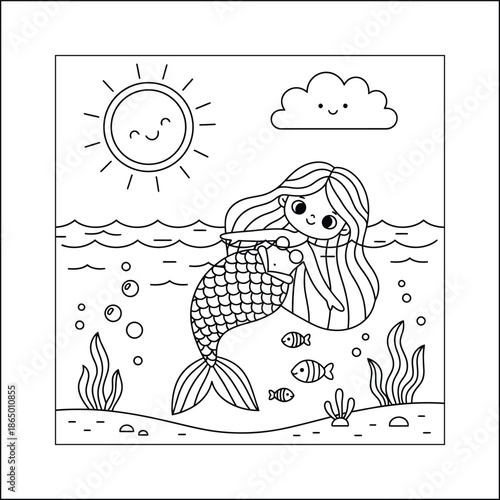 mermaid coloring page line art vector	