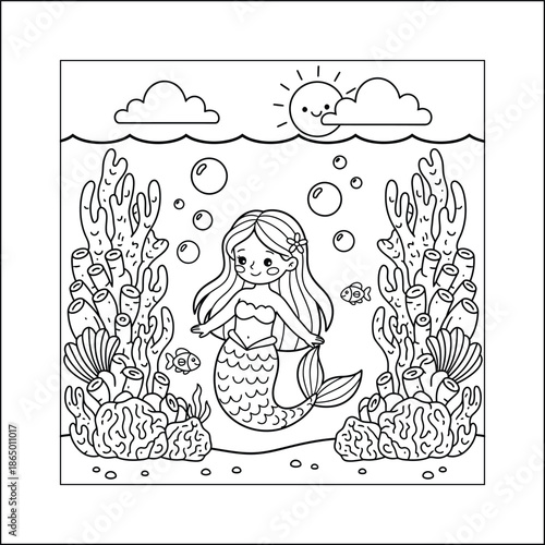 mermaid coloring page line art vector	