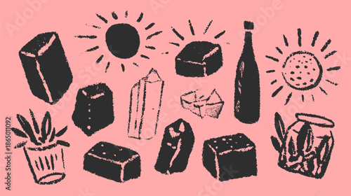 Whimsical objects including a sun, boxes, and a bottle in a playful sketch style. This colorful vector illustration features various designs in a set.