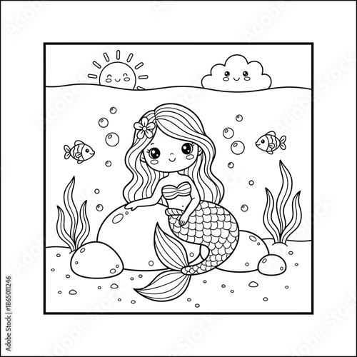 mermaid coloring page line art vector	