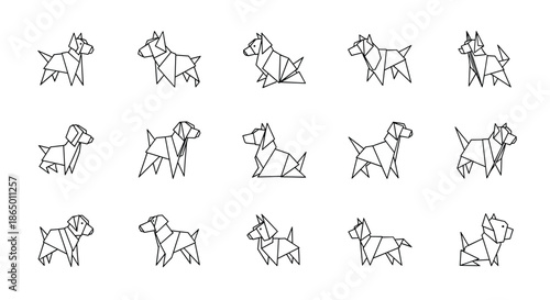 Collection of various dog breeds and poses illustrated in a minimalist black and white origami and geometric line art style.