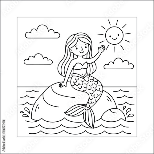 mermaid coloring page line art vector	