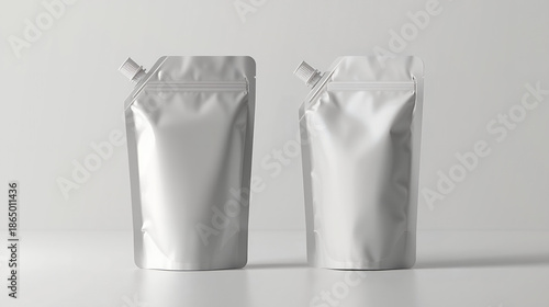 Two Blank White Stand-up Spout Pouches Mockup - Modern Flexible Liquid Packaging for Juice, Detergent, and Cosmetics on Minimalist White Studio Background