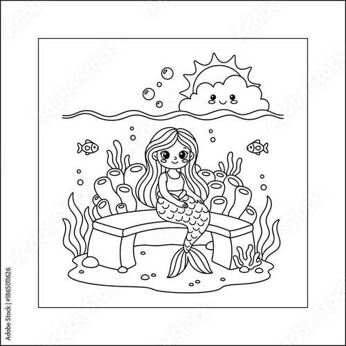 mermaid coloring page line art vector	