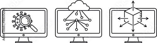 Data Analysis and Cloud System Architecture Line Icons for IT Monitoring and Scalable Infrastructure Designs