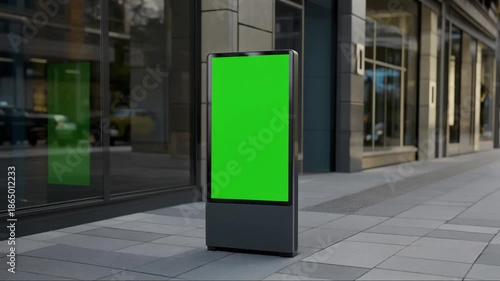 Modern 3D Mockup Digital Display Screen with Green Screen on Pavement Outside Building