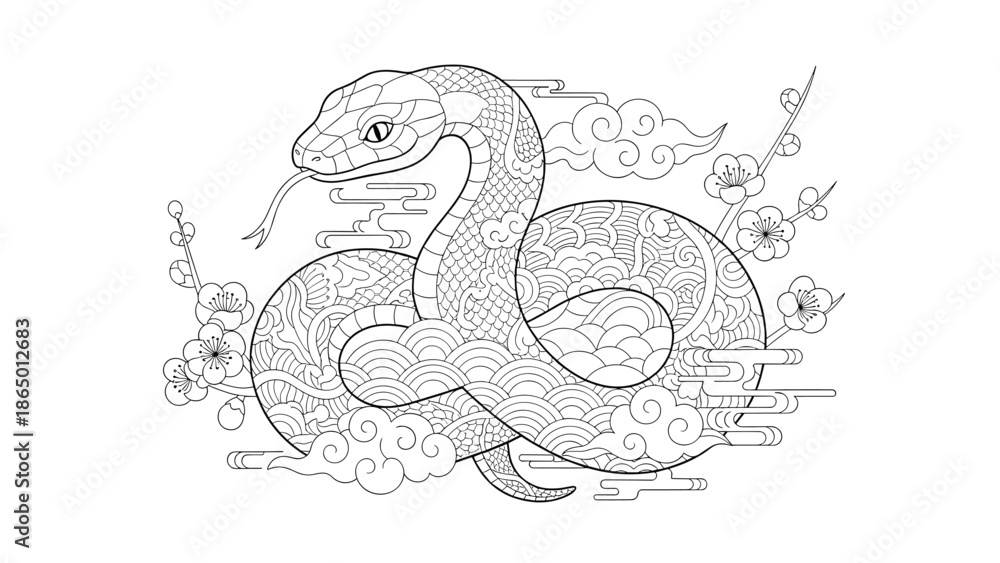 Fototapeta premium Intricate snake design with floral patterns and waves, Generative AI.