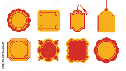 Gilded rosette labels and hanging tag frames vector set, scallop badges, wavy borders, festive packaging and invitation design graphics