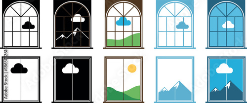 Window view icon collection vector illustration featuring indoor and outdoor scenes with clouds mountains landscape and weather variations for home, interior, and architectural design concepts