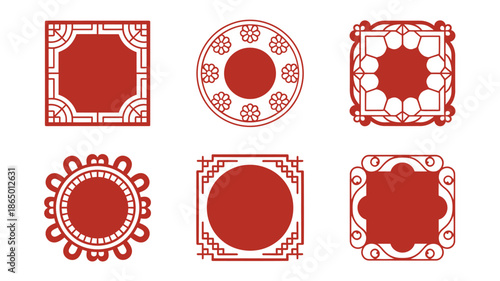 East Asian geometric frame vector set with wave corners, cloud motif, sun medallion, vintage border templates for branding, invitation, stationery