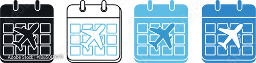 Travel calendar and flight schedule icon set vector illustration featuring airplane symbols on date planner pages for trip planning, booking management, and tourism app design