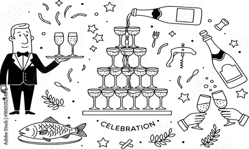 Black and White Hand-Drawn Illustration of a Celebration with Champagne Tower, Waiter, and Festive Elements