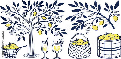 Charming Hand-Drawn Lemon Tree with Fruit, Baskets, and Refreshing Drinks, Perfect for a Whimsical Summer Theme