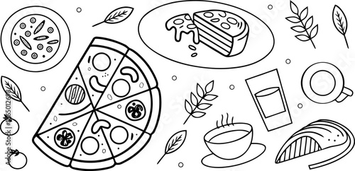 A delightful hand-drawn illustration featuring a variety of Italian food items and beverages, perfect for culinary themes
