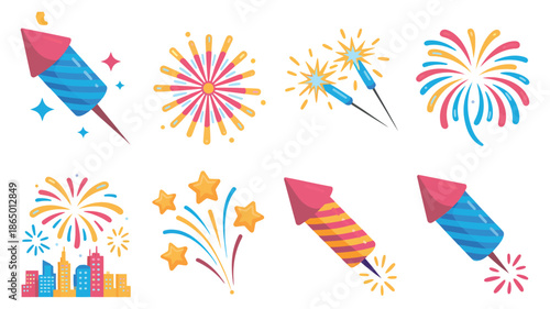 Fireworks and rocket icons vector illustration set with confetti, star bursts, streamers, party celebration elements for New Year festival graphics