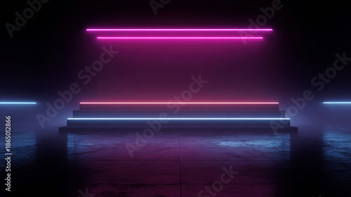 Set of stairs in a dark room illuminated by neon lights, creating a vibrant and captivating atmosphere. Professional commercial content. Commercial. High-resolution. High-res. Premium quality.