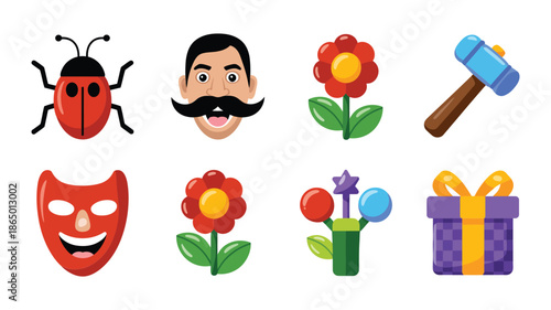 April fools day prank vector icon set with mustache disguise, drama mask, ladybug, flowers, hammer, wrapped gifts, fun celebration