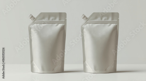Two Professional Glossy White Stand-Up Spout Pouches Mockup for Liquid Packaging Design on Neutral Grey Background