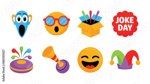 April fools celebration vector set with clown glasses, water prank, party horn, jester hat, laugh emoji, joke badge, carnival graphics