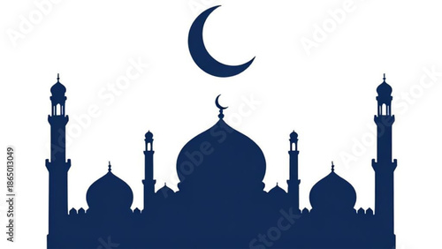 A silhouette of a night mosque with a grand dome and minaret stands as a landmark of Arabic architecture against a blue sky, blending Eastern culture and religion in a city travel scene