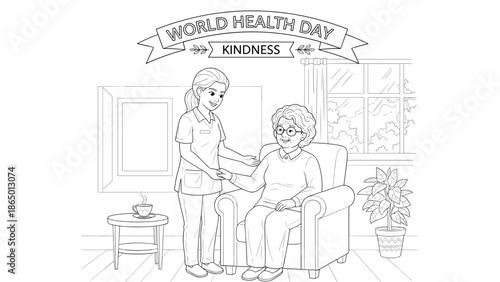 Nurse showing kindness to elderly woman on World Health Day, Generative AI.