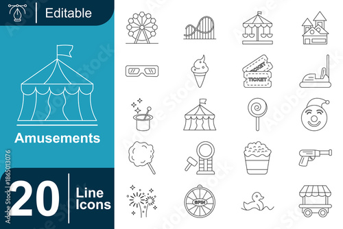 Amusements and Entertainment Line Icons Set