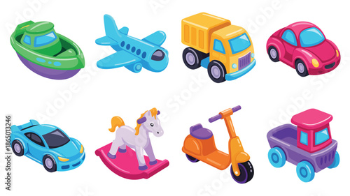 Transport and playground vector set with jet ski, airplane, delivery truck, compact car, unicorn rocker, scooter, toddler birthday celebration