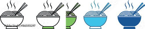 Hot noodle bowl icon set vector illustration featuring steaming ramen bowls with chopsticks in multiple colors for Asian food menu, restaurant branding, and culinary design concepts