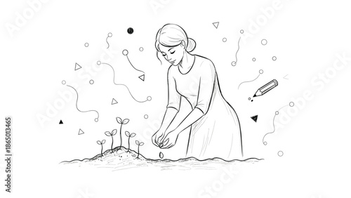 Woman nurturing young plants with care and creativity around her, Generative AI.